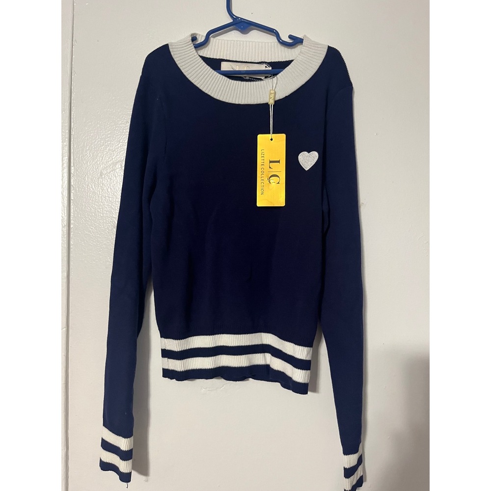 Lizette‎ Collection Kids Navy Blue White Heart Knit Sweater LC5130LS Size M NWT